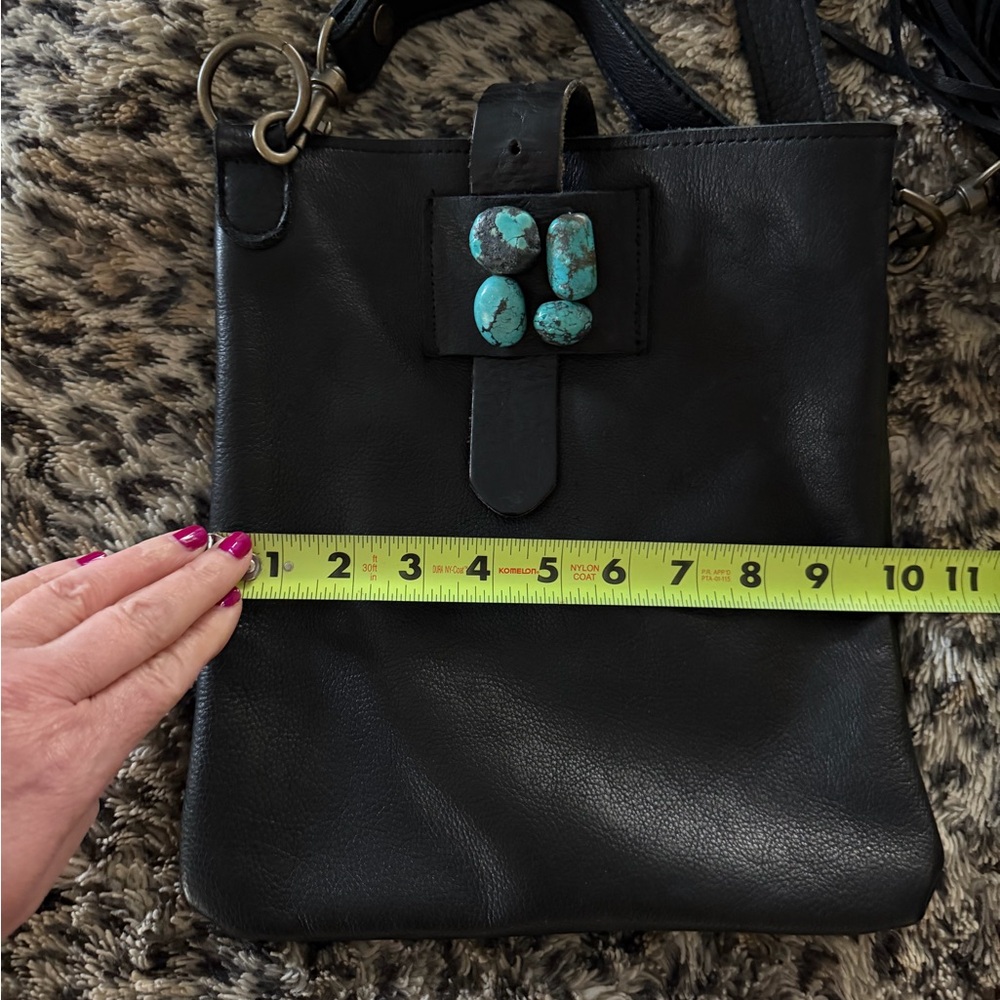 Two Bar West Black Leather Bag with Turquoise Accents and Fringe Accented Strap - Picture 5 of 8